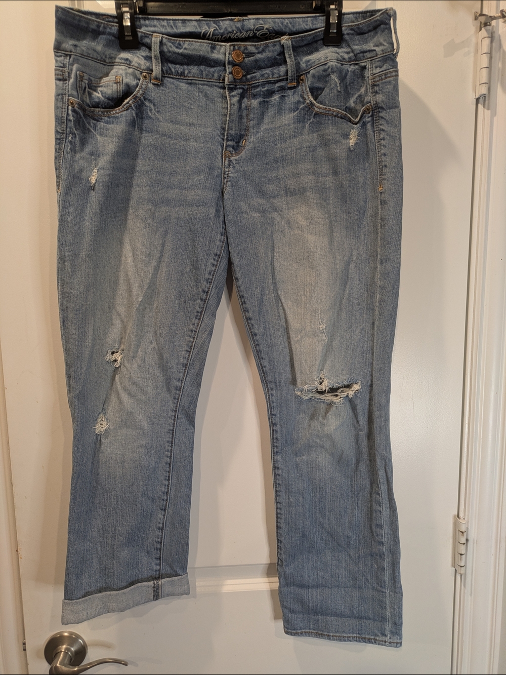 American Eagle Distressed Cropped Jeans Size 14R High Rise Stretch Denim